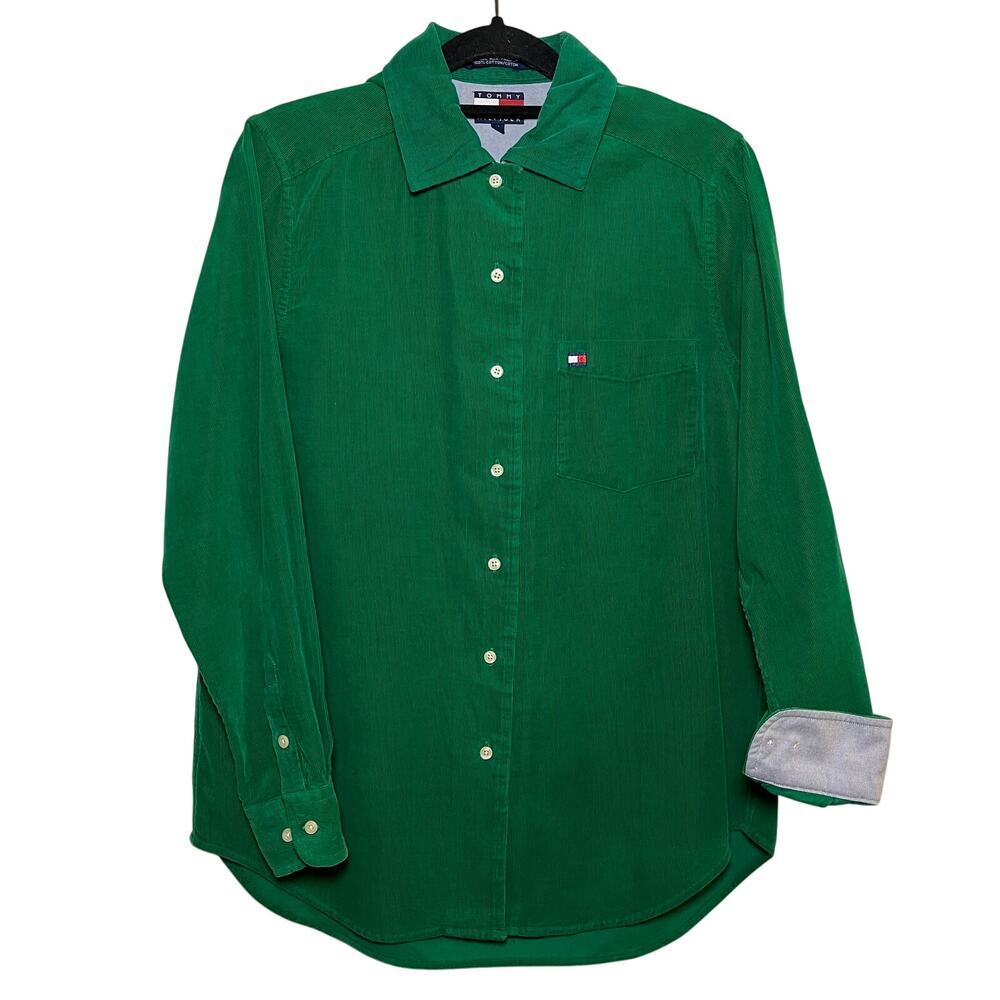 Vintage Tommy Hilfiger Corduroy Button Up Shirt Kelly Green Size 4 Long Sleeves